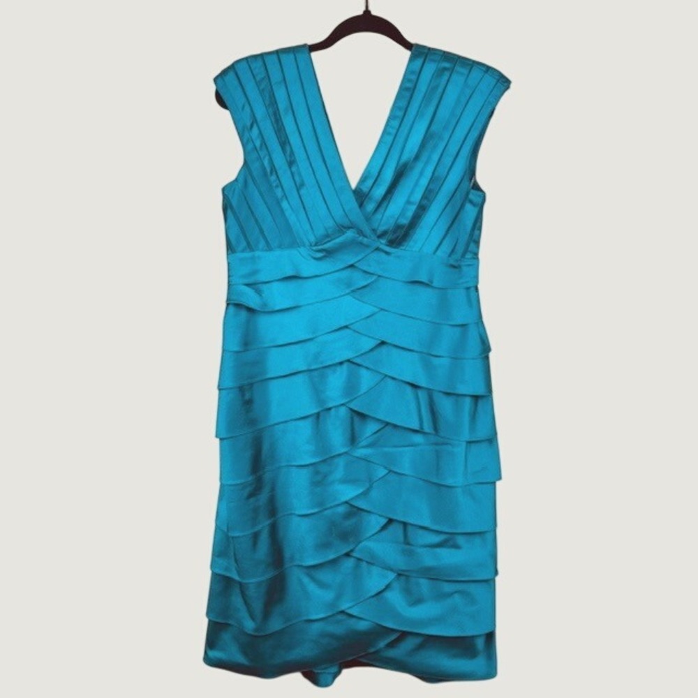 Adrianna Papell Cocktail Dress Teal Ruffle Tiered V-Neck Women 12